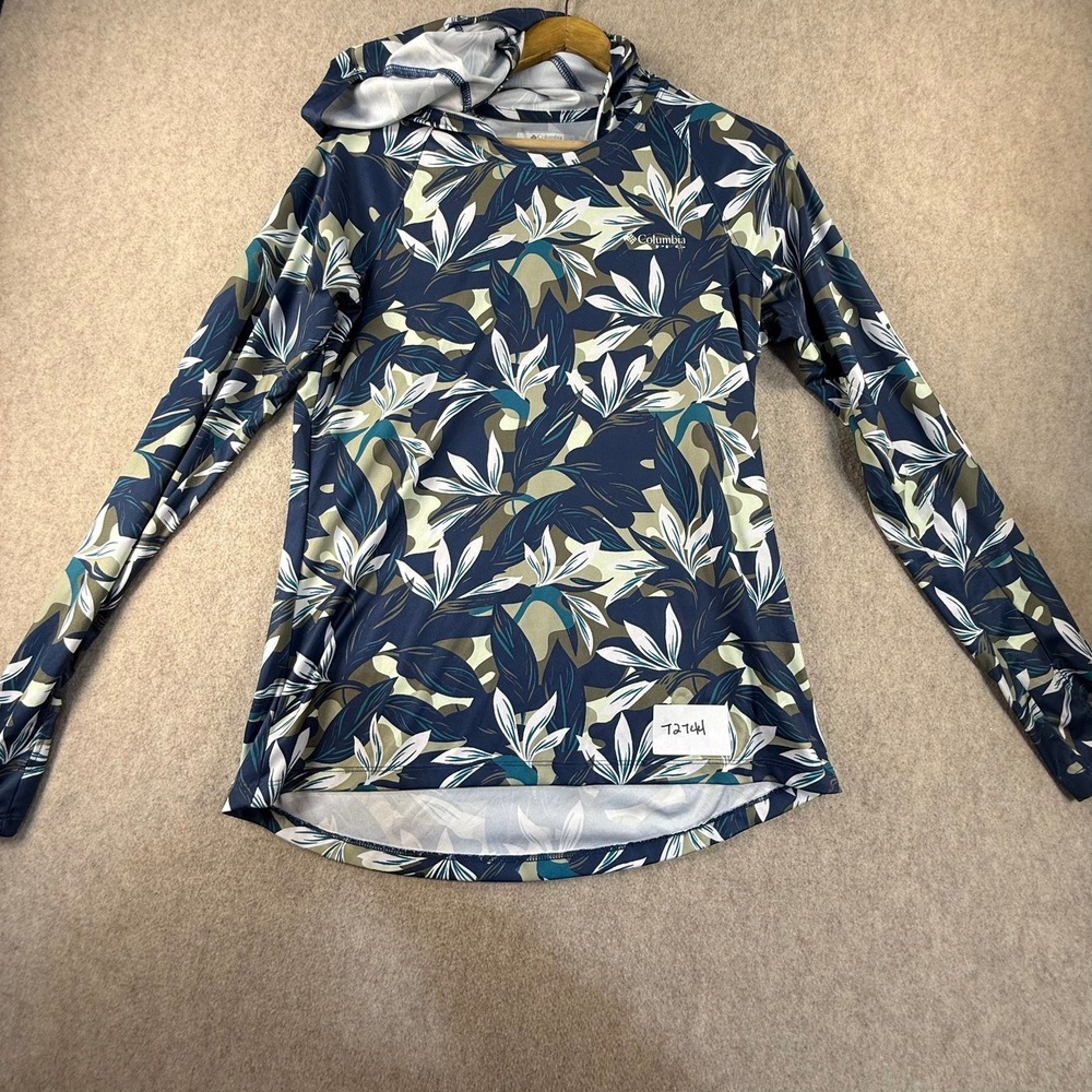 Columbia PFG Tidal Tee Hoodie Womens Medium Blue Tropical Leaf Sun Shirt T2744
